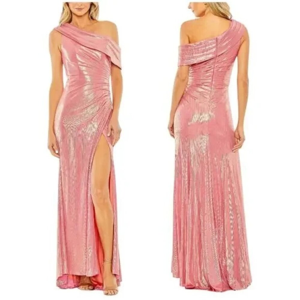 NWT Mac Duggal 27152 Pink Metallic Shimmer Off the Shoulder Maxi Dress-MSRP $498